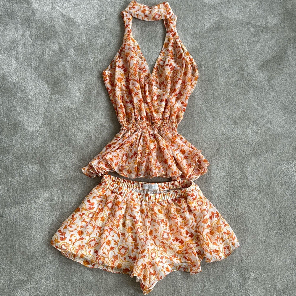 Caroline Constas orange and white blouse and shirt matching set, size XS